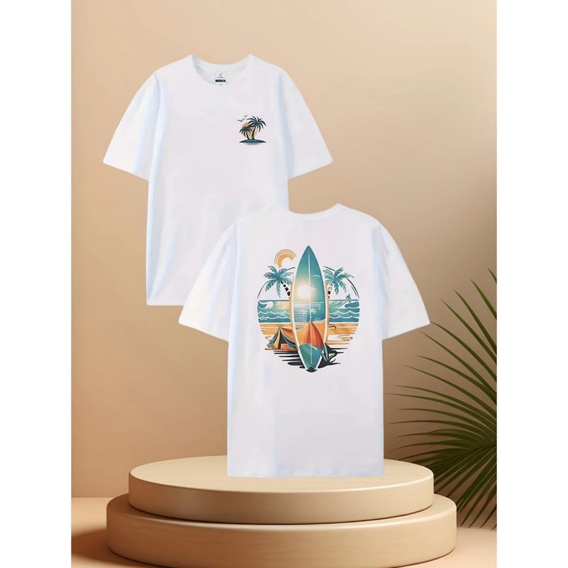 Graphic Tees] Cotton mens tropical beach surfboard graphic t shirt double sided print 100 cotton crew neck short sleeve...