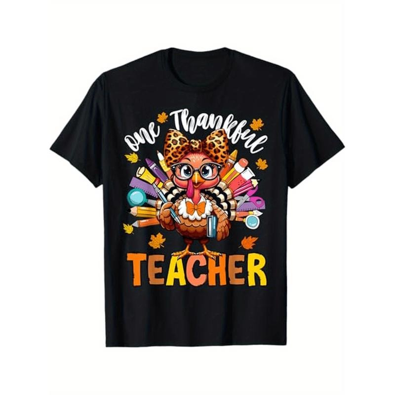 [Graphic Tees] Cotton one thankful teacher thanksgiving turkey cute crayon pencil t shirt halloween thanksgiving...