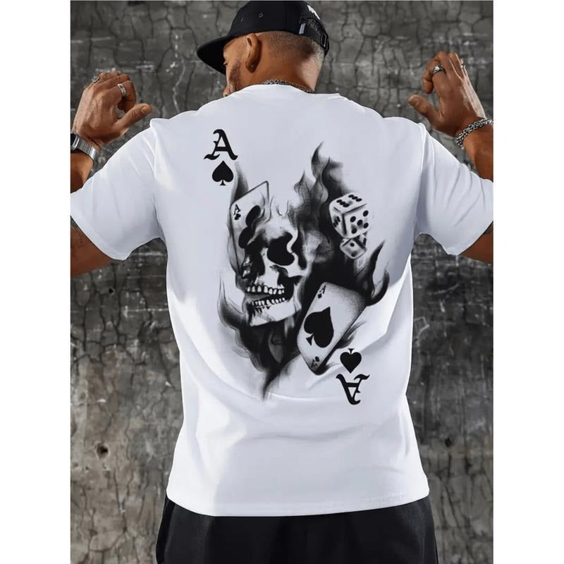 Graphic Tees] Cotton skull dice playing cards graphic tee 100 cotton casual mens t shirt with round neck machine washable...