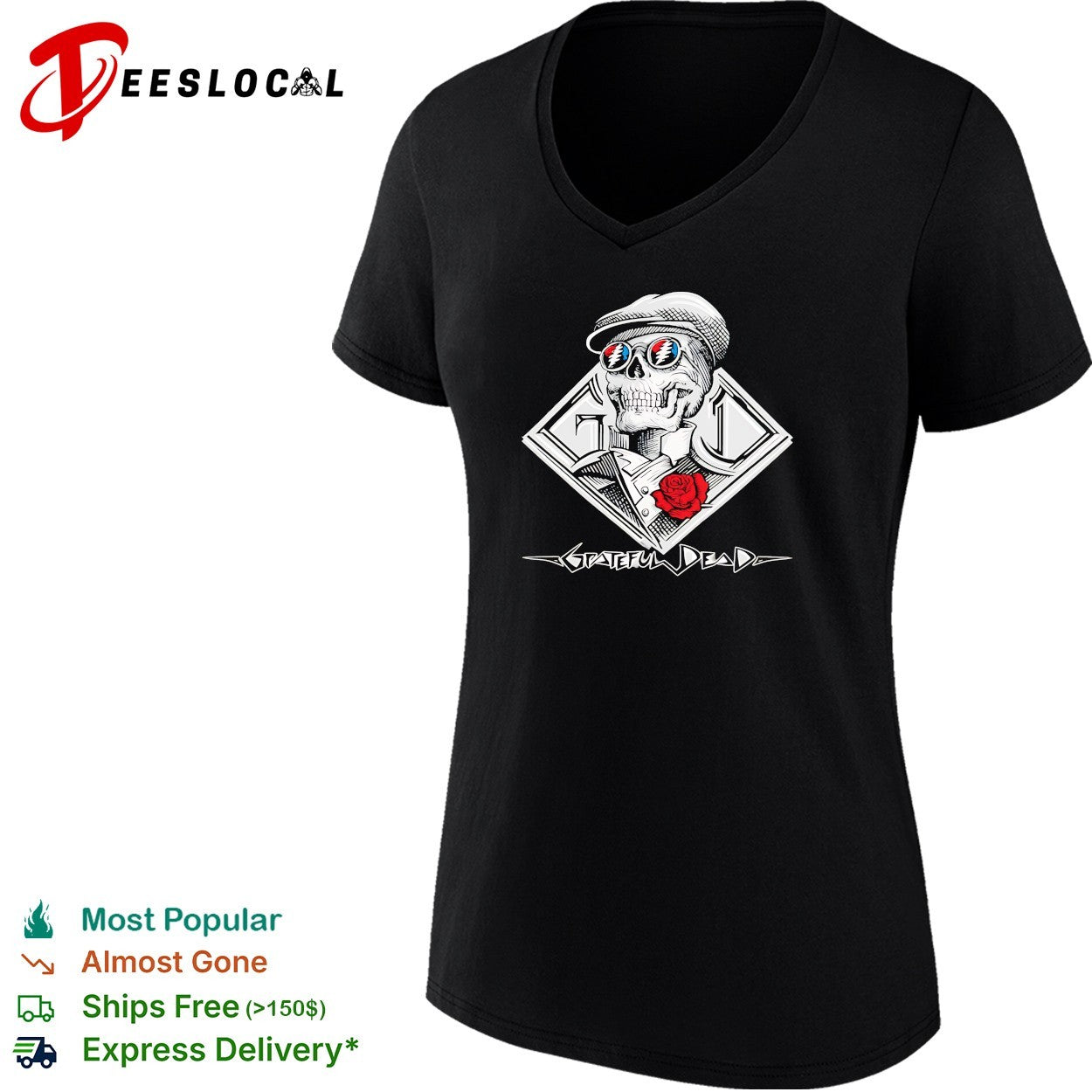 Grateful Dead skeleton skull wearing cap and sunglasses with red rose shirt