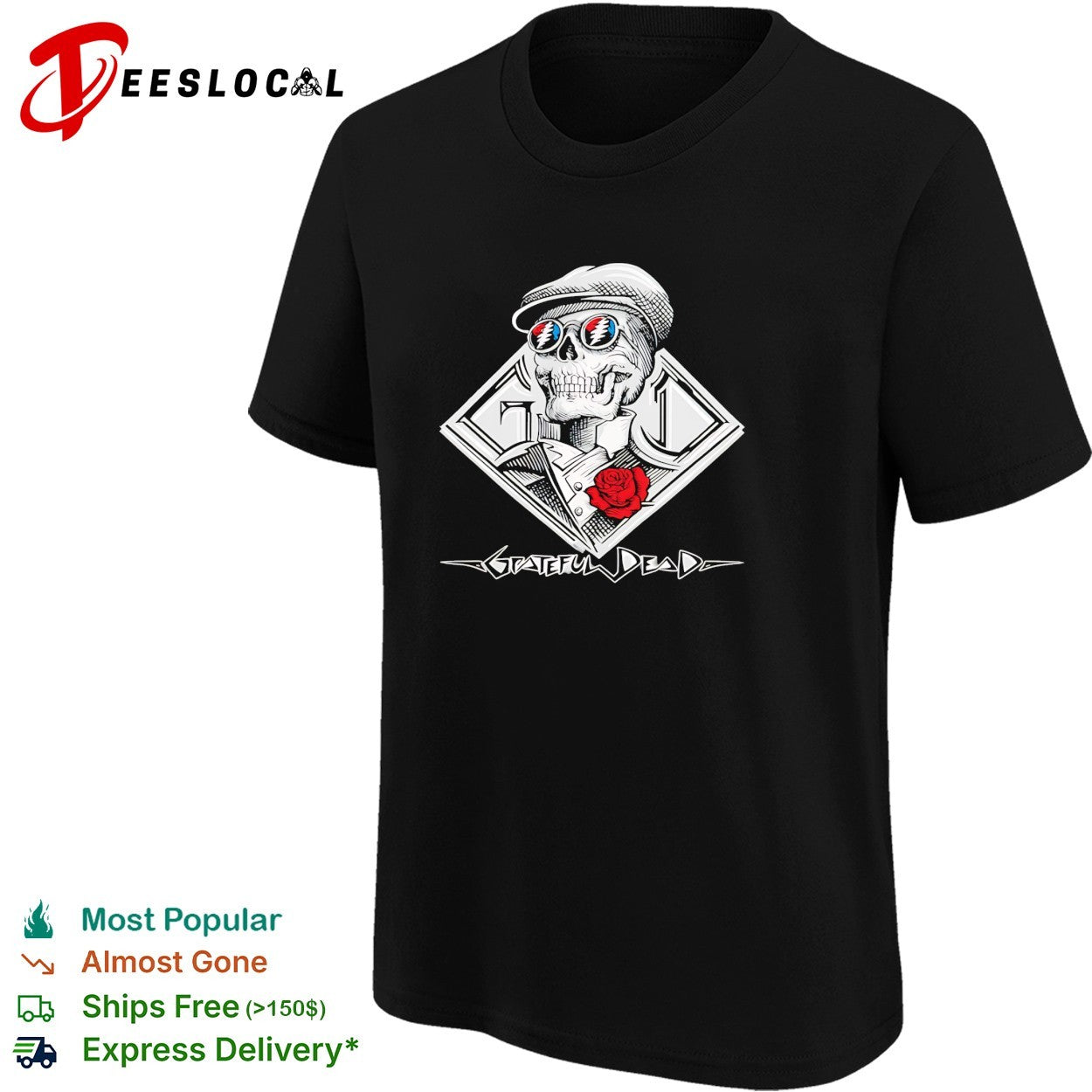 Grateful Dead skeleton skull wearing cap and sunglasses with red rose shirt