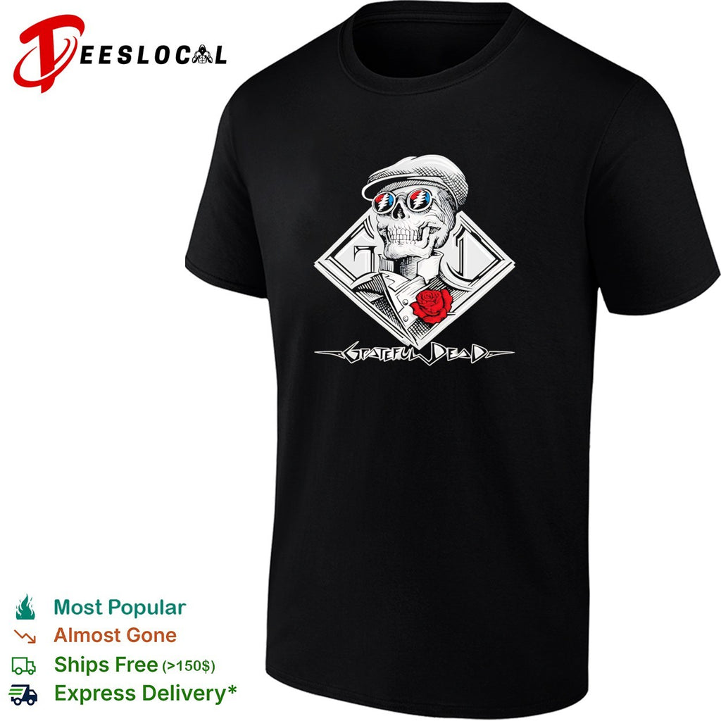 Grateful Dead skeleton skull wearing cap and sunglasses with red rose shirt