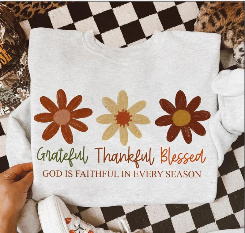 Grateful Thankful Blessed Boho Fall Floral Christian Sweater, Faith Based Autumn Vibes Shirt, Christian Fall Religious...