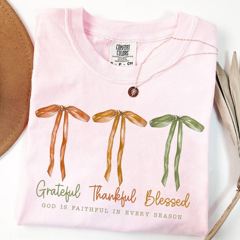 Grateful Thankful Blessed Shirt, Coquette Christian Fall Bow T-Shirt, Faith Autumn Tee Hoodie, Sweatshirt | PodTeesHub.com