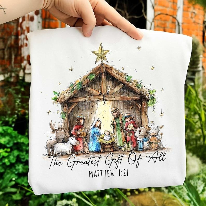 Greatest Gift Of All PNG Jesus Nativity Christian Christmas Crewneck Sweatshirt, Manger A Thrill of Hope Advent Sweater,...