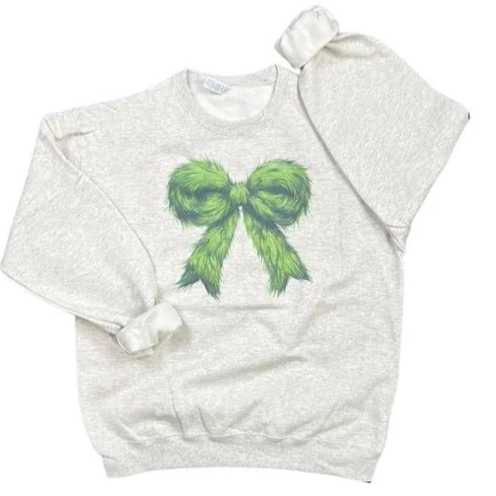Green Fur Bow Sweatshirt on Oatmeal - Christmas Sweatshirt for Women T-Shirts, Hoodie | PodTeesHub.com