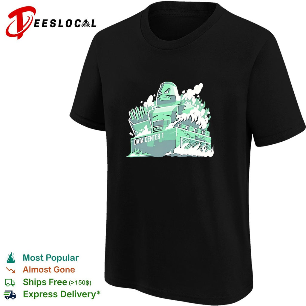 Green monster destroying data center building shirt