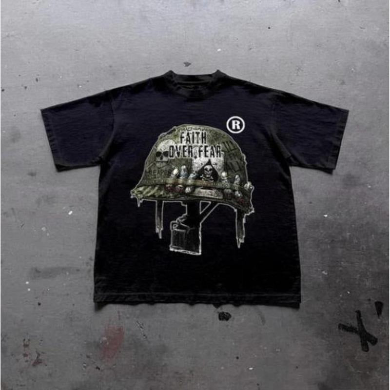 Grunge  Emo Scene War Helmet Faith Over Fear Graphic Cotton T-Shirt Unisex Goth Style Apparel Hoodie, Sweatshirt