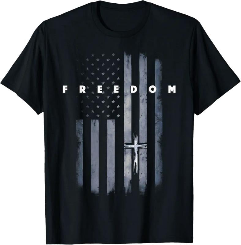 Grunge American Flag and Cross Faith Family Freedom T-Shirt,  Cotton Classic Menswear, For Men, For Women Hoodie, Sweatshirt
