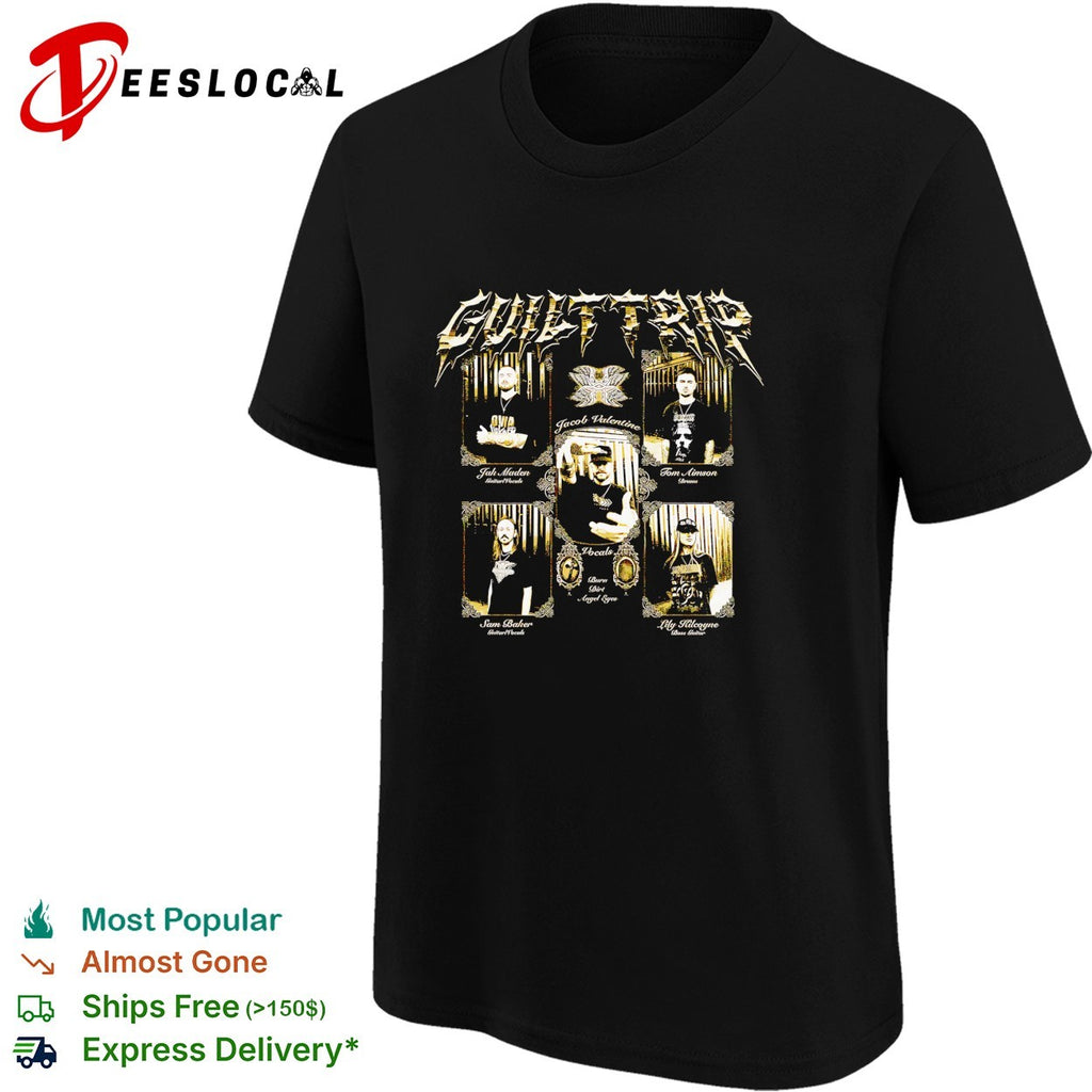 Guilt Trip band members portraits Burn Dirt Angel Eyes shirt