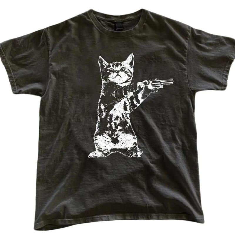 Gun Kitty Funny Cat T-Shirt, Black Cat T-Shirt, Retro Funny Vintage Tee, Unisex Meme Cringe Funny Dumb Shirt, Cat Meme...