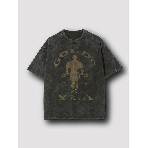 Gym Motivation Design With Golden Lettering &Weightlifting Art Print Washed T Shirt 230gsm, Round NeckGym & Outdoor...