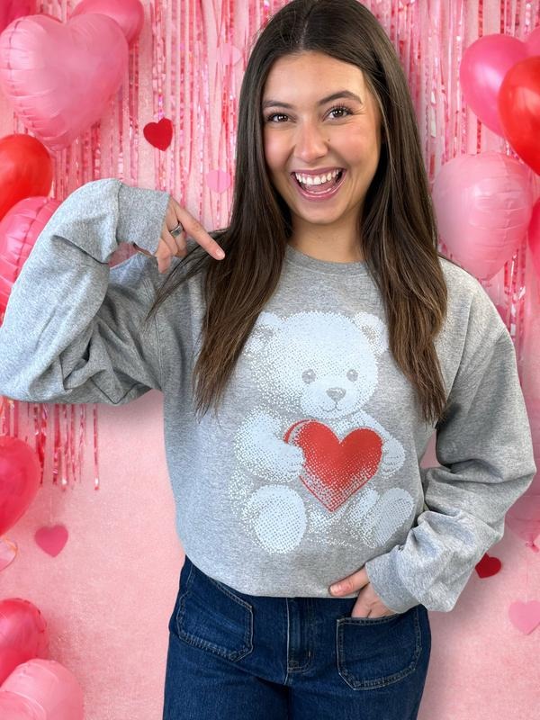 Halftone Teddy Graphic Sweatshirt - Cozy Unisex Athletic Grey Fleece Interior Retro Charm All-Season Wear Machine...