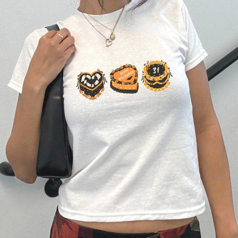 Halloween Baby Tee 90s y2k baby Tee Vintage Baby Tee Halloween Cake Shirt Spooky Season Shirt Fall Baby Tee Cute Baby Tee...