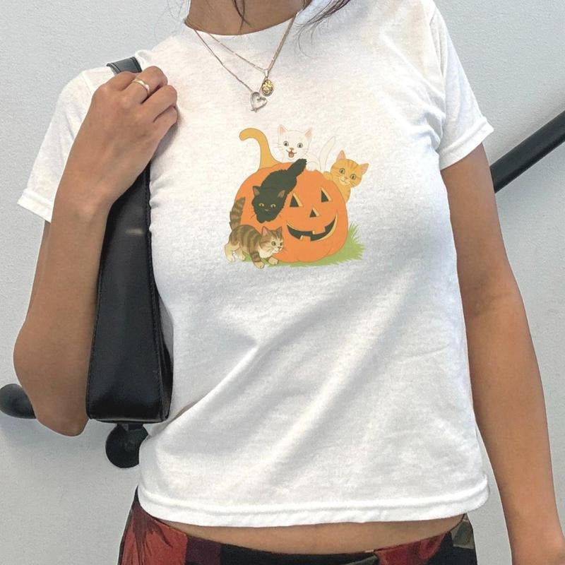 Halloween Baby Tee Black Cat Baby Tee Cat Shirt Pumpkin Baby Tee fall Baby Tee Autumn Tshirt Vintage Halloween Shirt Y2k...