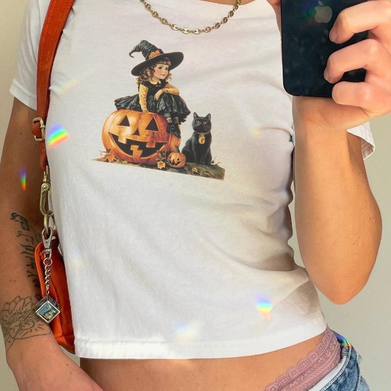 Halloween Baby Tee Vintage Black Cat Baby Tee Y2k baby Tee Pumpkin Baby Tee Spooky Season Shirt Halloween Shirt Ghost...