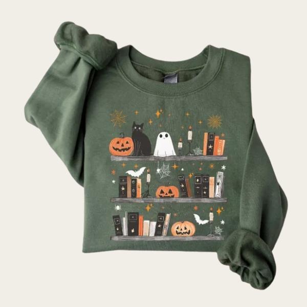 Halloween Book Shelf Sweatshirt, Reading Tee Book lover gift Reading enthusiast book shirt ghost reader tee literature...