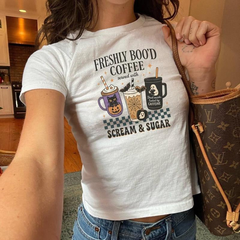Halloween Coffee Baby Tee, Fall Coffee Shirt, Halloween Baby Tee, Pumpkin Spice Shirt, Coffee Lover Shirt, Pumpkin Coffee...