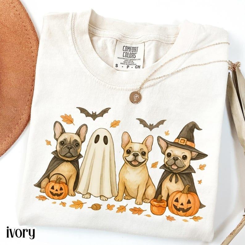 Halloween Dog Comfort Colors Shirt Pumpkin French Bulldog Fall Spooky Season Tshirt Ghost Jackolantern Frenchie Lover Tee...