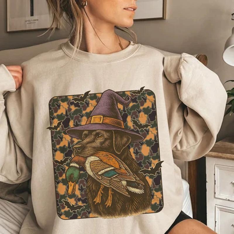 Halloween Duck Hunting Unisex Sweater, Hunter Camo Flying Mallard Duck Fall Vibes Tee, Trick Or Treat Halloween Dog...