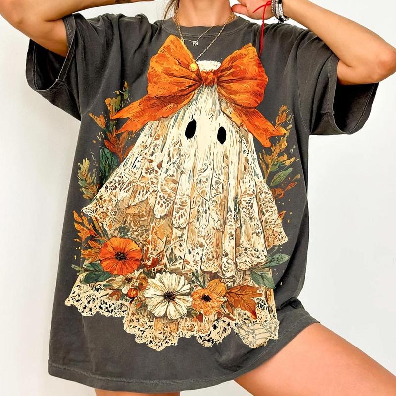 Halloween Fall Ghost Lace Girly Pumpkin Shirt, Bow Floral Fall Halloween Tee, Autumn Vibes Spooky Season Gift for Her...