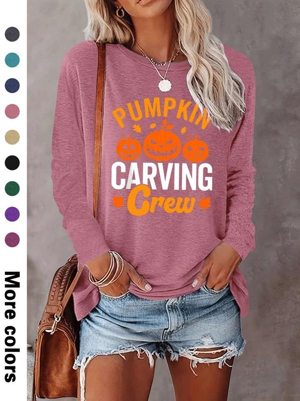 Halloween Fashion Casual Pumpkin Letter Print Long Sleeve T-Shirt, Comfortable Fabric, Available in 9 Colors, All Seasons...