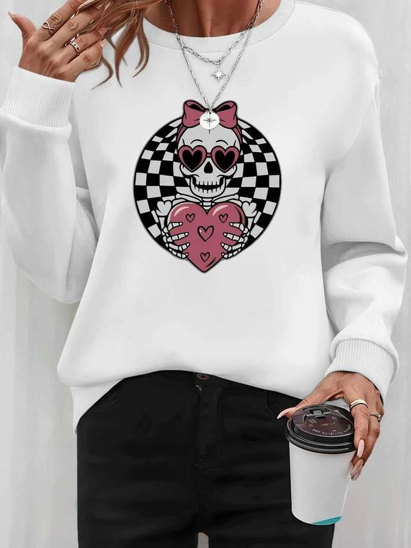 Halloween Fashion Casual Skull Print Long Sleeve Round Neck Pullover Sweatshirt, Available in 7 Colors, Perfect for Fall...