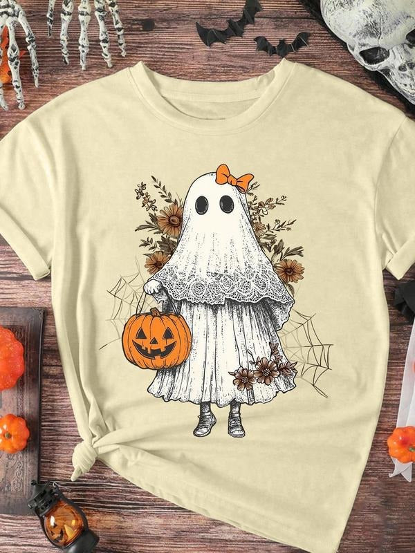 Halloween Ghost Print Casual Regular Fit T-Shirt, Stylish Clothing for Everyday Wear Hoodie, Sweatshirt | PodTeesHub.com