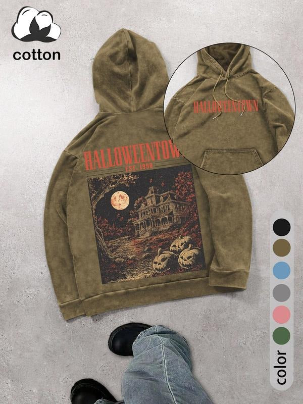 Halloween HALLOWEENTOWN men's street retro style washed hooded sweatshirt fashion trend casual hoodie T-Shirts