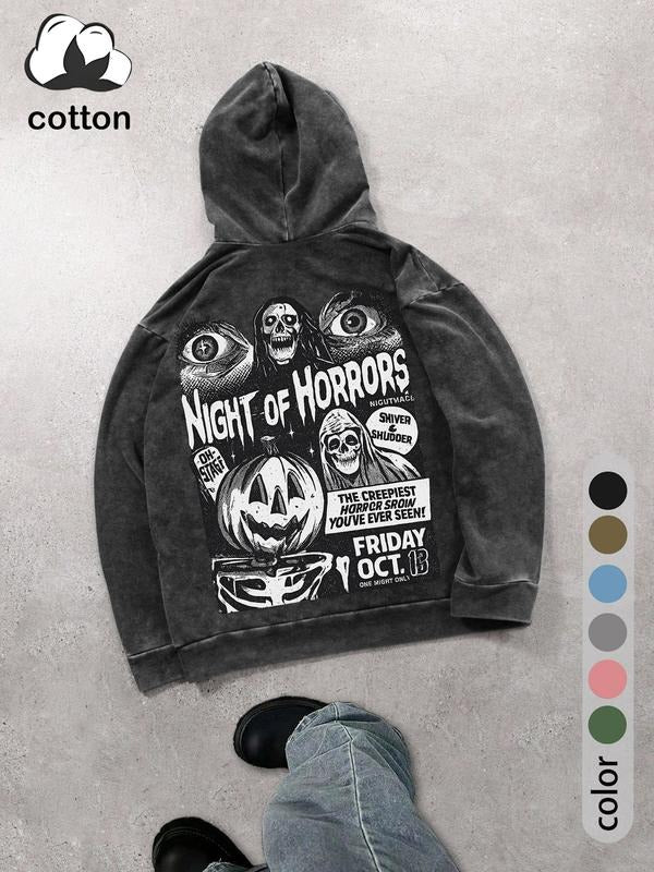 Halloween Night Of Horrors Men's Street Retro Style Washed Graphic Hooded Sweatshirt Fashion Trend Casual Hoodie T-Shirts