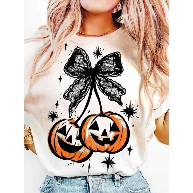 Halloween Nightmare Before Christmas Casual Pumpkin & Bow Lace Print Round Neck Short Sleeve T-Shirt For Women Hoodie,...