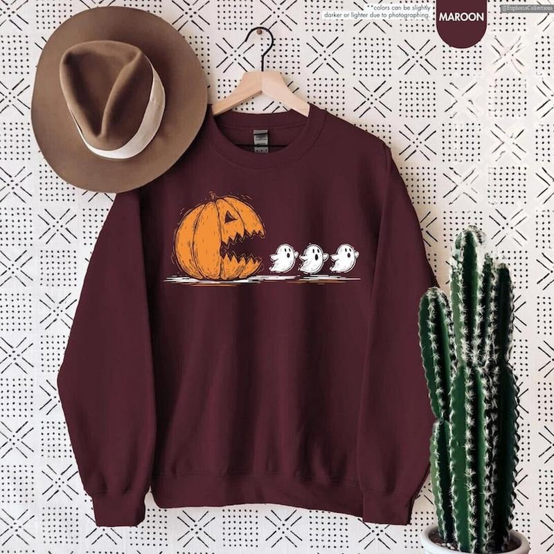 Halloween Pumpkin Eat Ghost Shirt, Funny Halloweentown Gamer Party Tee, Pumpkin Pac Man Shirt, Spooky Ghost Tee , Global...