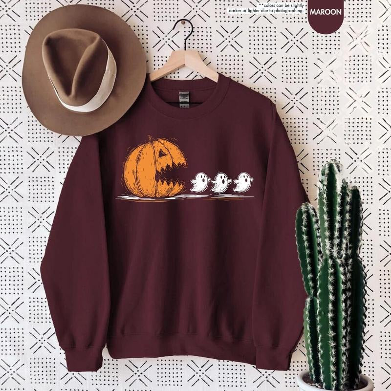 Halloween Pumpkin Eat Ghost Sweatshirt, Funny Halloween Shirt, Halloween Gamer Gift, Pumpkin Spooky Ghost Sweatshirt Hoodie