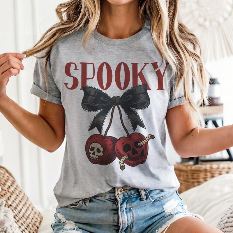 Halloween Spooky Cherries Graphic Tee Skull Cherries Black Bow Tshirt Girly Spooky Skeleton Top Womens Unisex Sizing...