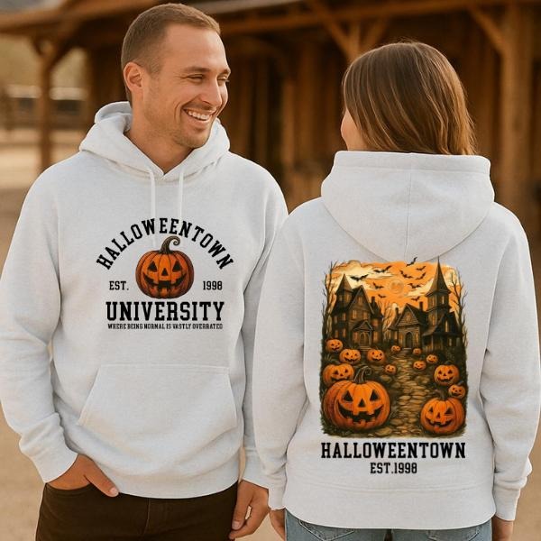 Halloweentovn Inspired Hoodie, Pumpkin Haunted House Pullover, Spooky University Graphic Sweatshirt, Creepy Fall Outfit...