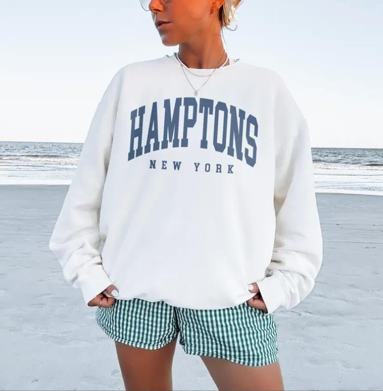 Hamptons City Sweatshirt, New York Pullover, Vintage Varsity Aesthetic, Trendy Travel Destination Gift, Unisex Crewneck...