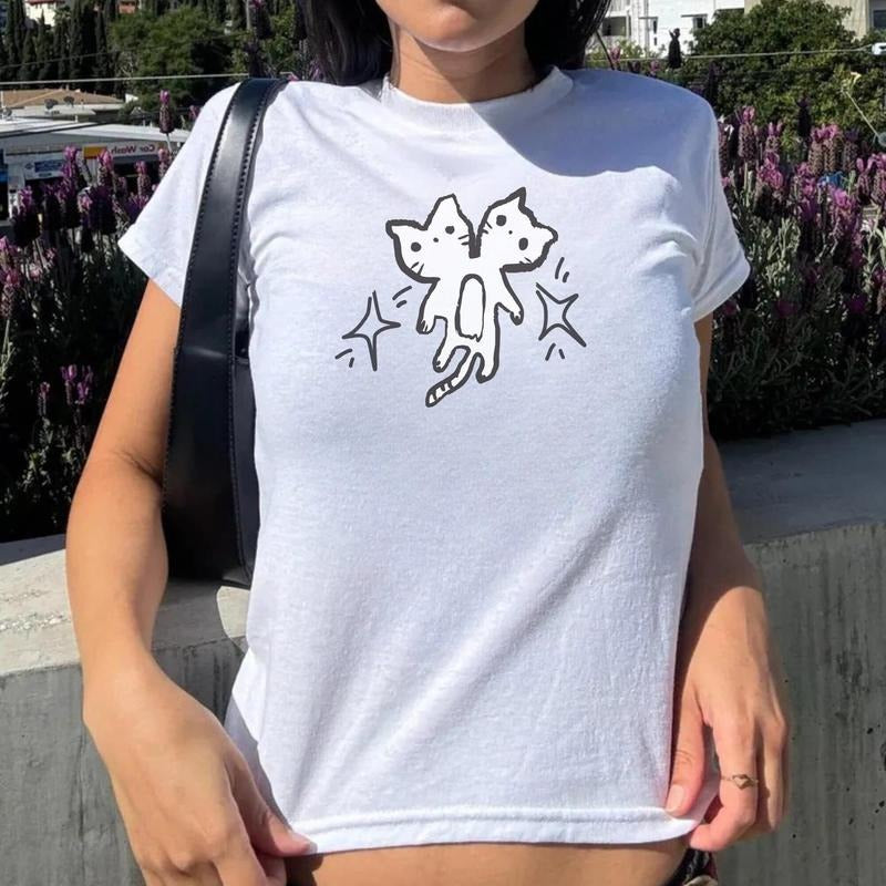 Hand Drawn Y2K Cat Graphic Baby Tee, Punk Rock Baby Tee, Minimal Baby Tee Hoodie, Sweatshirt | PodTeesHub.com