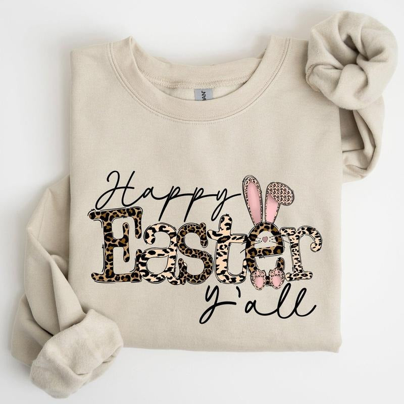 Happy Easter Y'all, Leopard Print, Rabbit Sweatshirt, Women's Crew Neck, Crewneck T-Shirts, Hoodie | PodTeesHub.com