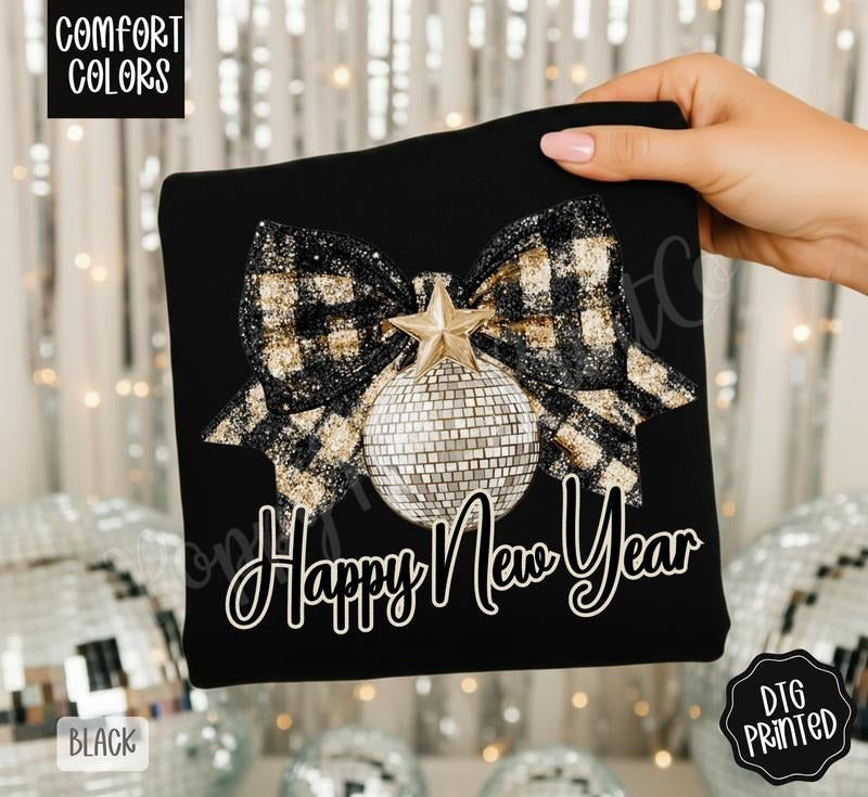 Happy New Year Bow Comfort Colors Shirt, Trendy Women's NYE Tshirt Hoodie, Sweatshirt | PodTeesHub.com