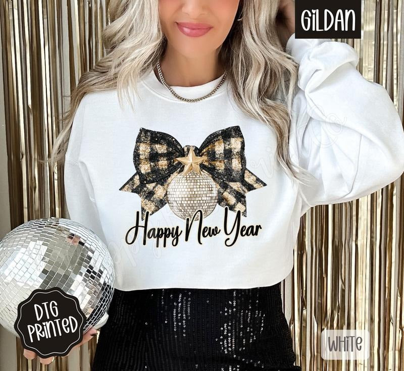 Happy New Year Bow Sweatshirt, NYE Sweatshirt for Women T-Shirts, Hoodie | PodTeesHub.com
