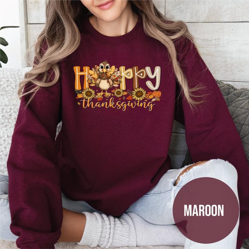Happy Thanksgiving Sweatshirt, Cute Turkey Pumpkin Pie Fall Graphic Crewneck, Thankful Grateful Blessed Autumn...