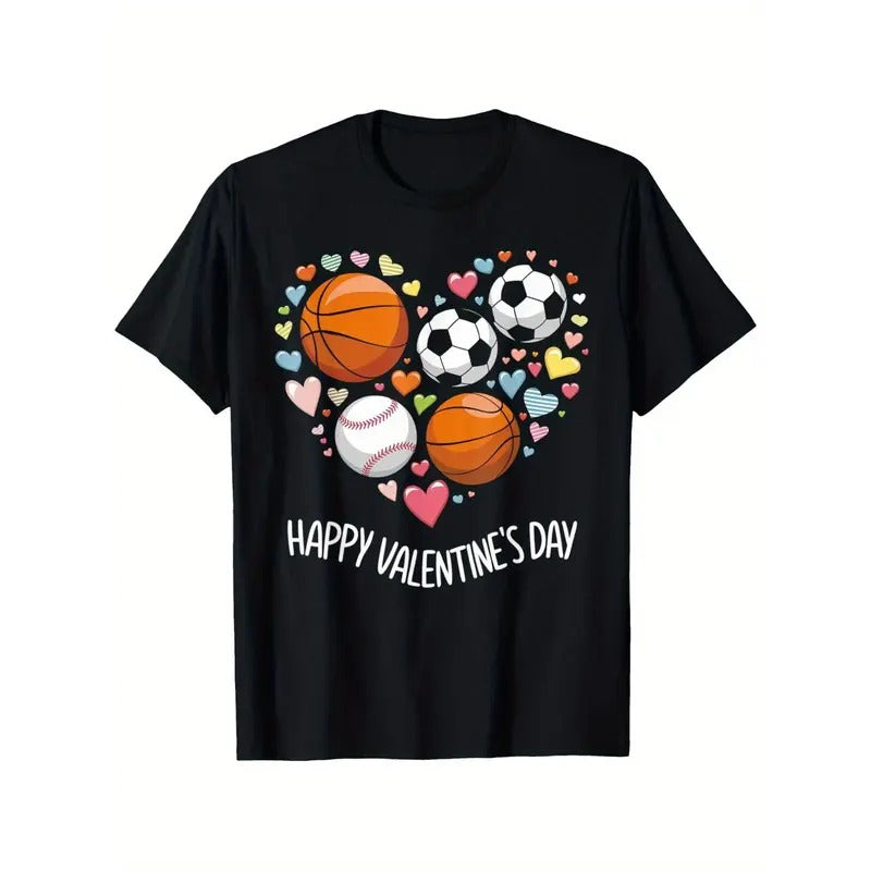 Happy Valentine's Day Sports-Themed Men's T-Shirt - Soft Cotton Crew Neck with Heart & Balls Graphic, Casual Summer Tee
