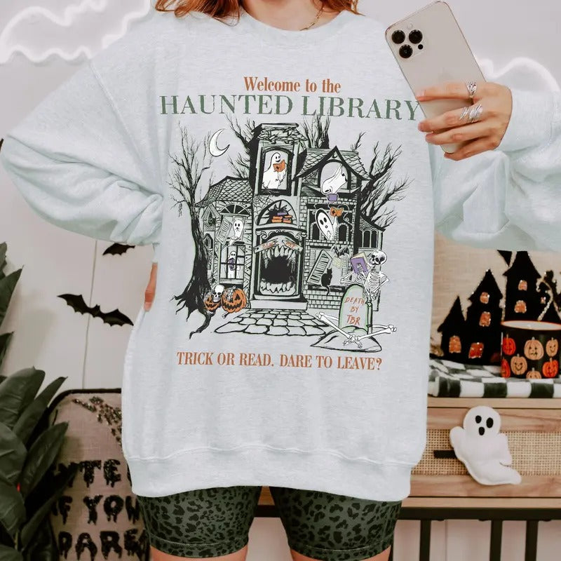 Haunted Library Halloween Sweater, Trick Or Read Bookish Sweatshirt, Halloween Tee Shirt, Halloween Librarian Graphic...