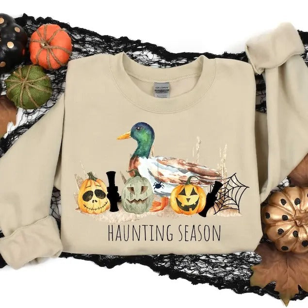 Haunting Season Duck Hunting, Hallloween Duck Sweatshirt, Funny Halloween Tshirt, Halloween Pumpkin and Duck Sweater Hoodie
