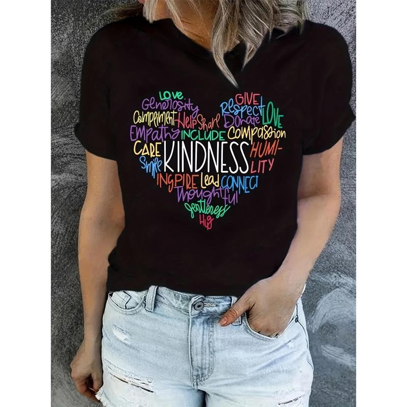 Heart Letter Print Crew Neck T-shirt, Casual Short Sleeve Top For Spring & Summer, Women's Clothing Hoodie, Sweatshirt