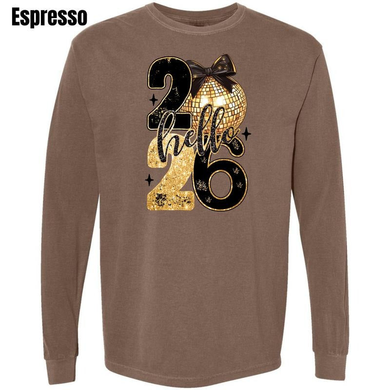 Hello 2026 Disco Ball Long Sleeve Comfort Colors T-Shirt 'PFNLB' Hoodie, Sweatshirt | PodTeesHub.com