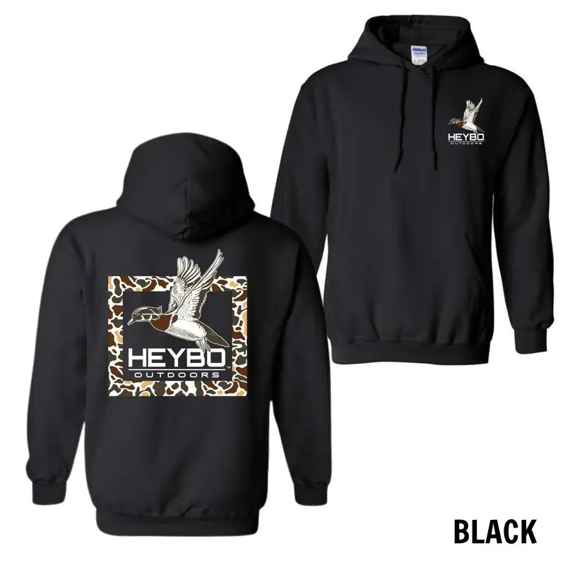 Heybo Outdoors Hoodie Shirt - Flying Duck with Camo Pattern Design, Premium Outdoor-Themed Apparel, Casual Wear for Men...