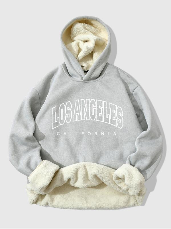 High-Quality Winter Thick Lamb Wool Hoodie, Comfortable Warm Los Angeles Letter Print, Unisex Casual Fashion Sweatshirt...