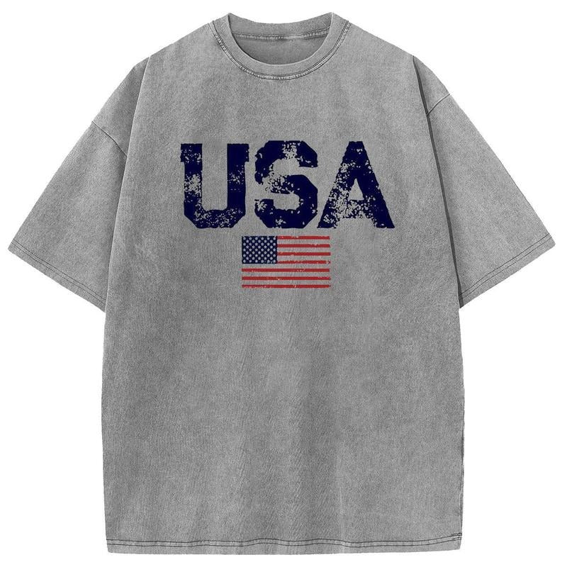 Holafish Acid Wash Shirts Oversized Half Short Sleeves Casual Women Letter USA Printed Graphic Tee Comfortable Fit Summer...