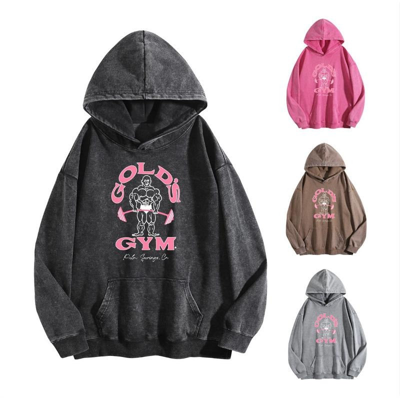 Holafish GYM Print Acid Wash Hoodie Essential For Fitness Enthusiasts Vintage 2025 Sweatshirt Oversized Loose Fit Winter...